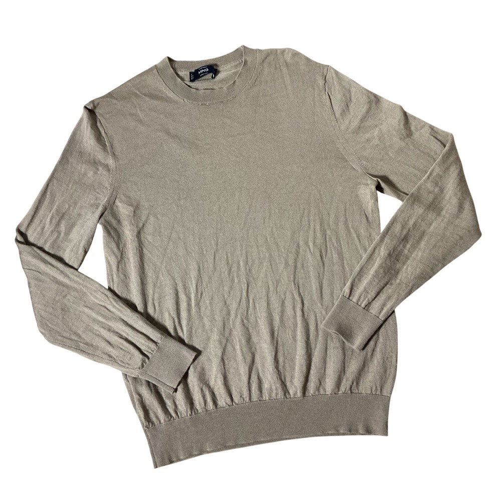 MNG Old Money 100% Merino Wool Crew Neck Sweater Mens M Taupe Brown Minimalist